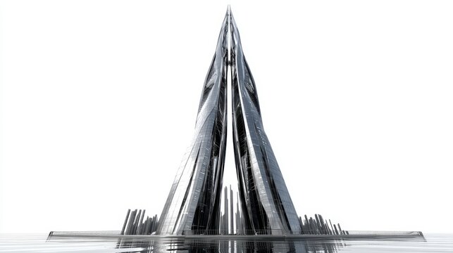 a realistic 3D model of a futuristic skyscraper on a white isolated background, modern and innovative architecture design