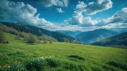 Snow-capped mountain ridge visible in the distance.