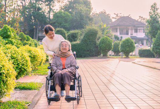 caring daughter taking elderly mother on wheelchair for a walk at the park in the morning sunshine
