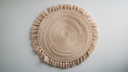 Round wicker straw stand mat used for napkins, interior decoration, isolated top view on background.