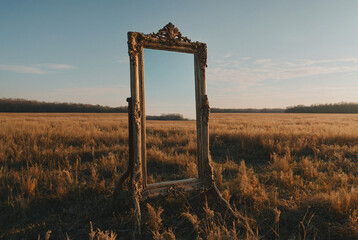 full-length mirror standing in a field, reflecting a different season