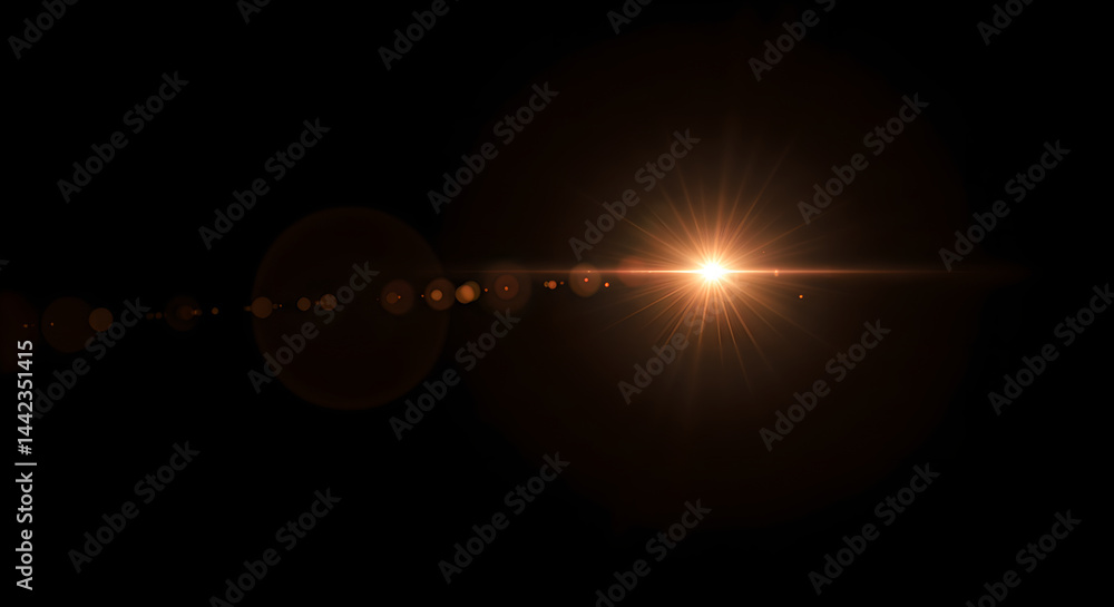 Poster orange light flare effect with bokeh on black background for abstract overlay. digital sunbeam refle