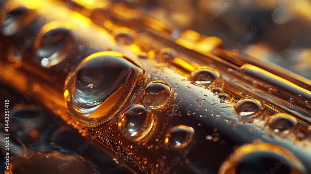 Poster water droplets reflecting light on a shiny metallic surface in macro view