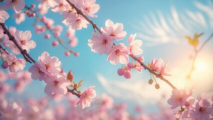 Branches of blooming pink flowers captured in macro with soft focus, featuring a light blue sky background and sunlight, perfect for spring floral imagery with copy space.