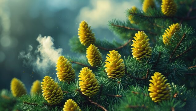 Airborne pollen from the male cones of a Pine tree.