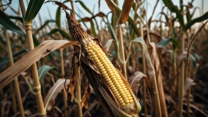 A corn cob in decay, left behind after the harvest, with visible decay on the kernels. The cut down corn stalks point to the season's conclusion.