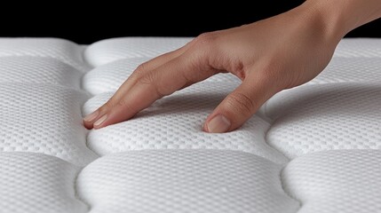 Soft, comfortable mattress surface.  A hand gently touches a white, textured mattress top