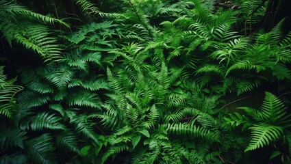 Obraz premium Wetland lush with fern leaves, Beautiful green fern foliage in nature. Fern floral scenery. Green ferns. Tropical plant life. Exotic greenery. Botany theme. Fern jungles.