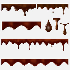 Chocolate melt drip. 3d vector realistic seamless pattern isolated on white