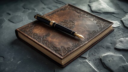 Leather-bound journal with embossed design, recycled paper pages, and a fountain pen