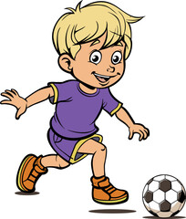 Cute happy little boy playing football soccer cartoon flat character vector illustration isolated on white background