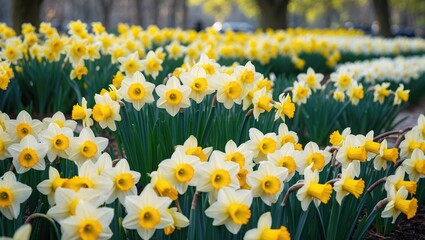 Obraz premium Daffodils, outdoor yellow bulb plants blooming in public parks during spring