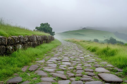 Ancient Roman Cobblestone Road Fading Into Misty Grassy Hills