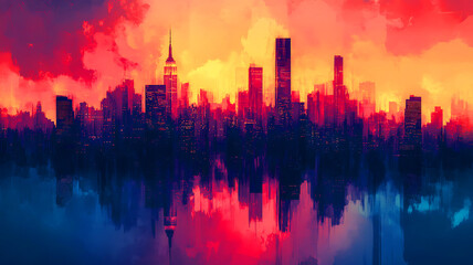 Fototapeta premium A vibrant sunset paints the city skyline with hues of orange and purple, silhouetting the urban buildings against the twilight sky