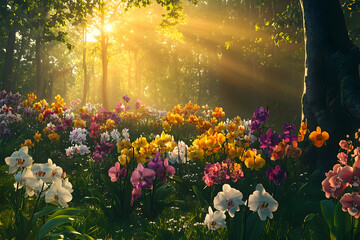 Obraz premium A radiant sunlit forest glade filled with vibrant flowers.