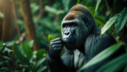 Obraz premium Zoomed-in image of a musing Gorilla