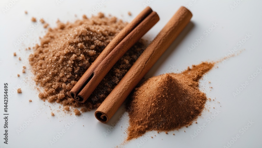 Poster cinnamon sugar on a solid background. spice combination for baking and beverages. text area availabl