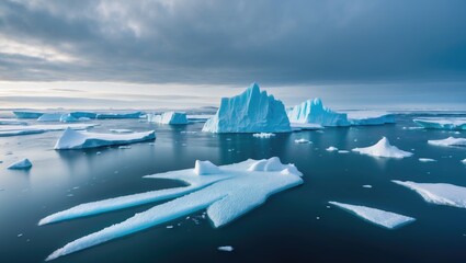 Aerial drone view of drifting icebergs in a winter landscape with melting blue glacier water, emphasizing environmental ecological issues of global warming and polar climate change