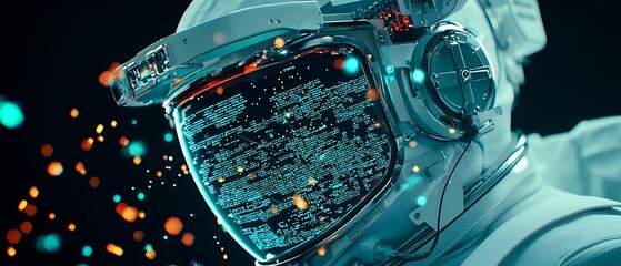 Futuristic astronaut helmet displaying data