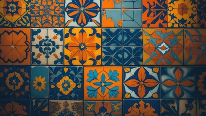 Detailed view of colorful bathroom with decorated tile walls