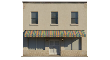 Isolated Two Story Building with Striped Awning Representing Small Business