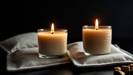 Three pieces of lit scented wax candles on a dark background, promoting comfort and peace with aromatherapy