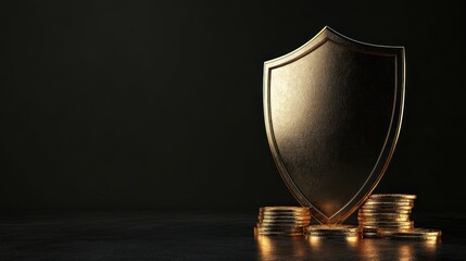 Golden shield atop a stack of coins on a dark surface