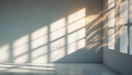 Obraz premium Background of White Wall Studio with Shadow and Light on Cement Texture, Sunlit Empty Room with Reflections, Grey Concrete Wall Mockup for Product Presentation