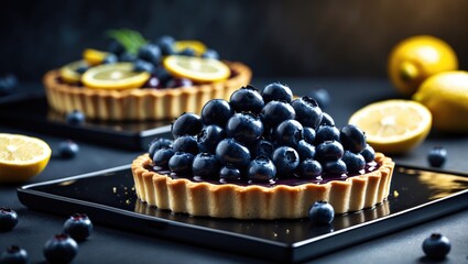 Lemon Tart and Tartlets Accompanied by Fresh and Cooked Blueberries on a Black Square Platter