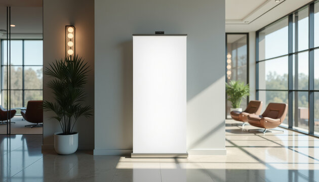 Vertical banner mockup. Blank advertising banner standing in clean business interior with plants and soft light for professional branding