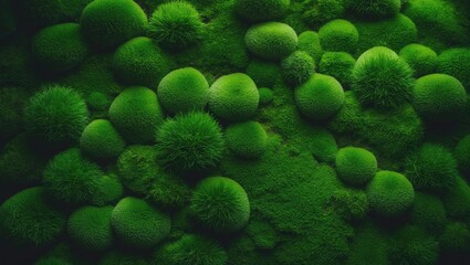 Obraz premium Intimate look at a wall blanketed in green moss. Nature-inspired background for design and text. Similar to a bird's eye view of a forest.
