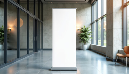 Vertical banner mockup. Vertical roll up banner mockup in modern office lobby with marble floor and glass walls for corporate promotion