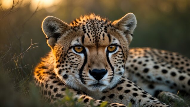 Detailed shot of a gorgeous wild cheetah relaxing in the foliage