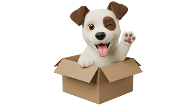 Isolated Cute Puppy Waving from Cardboard Box - Powered by Adobe