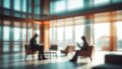 Blurred interior view of a hotel or office building lobby towards the reception area, highlighting a modern luxury room with a blurry corridor and glass wall windows
