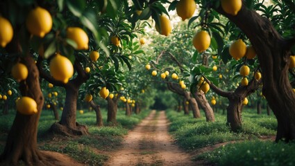 Lemon plantation. Lemon trees bearing ripe lemons.