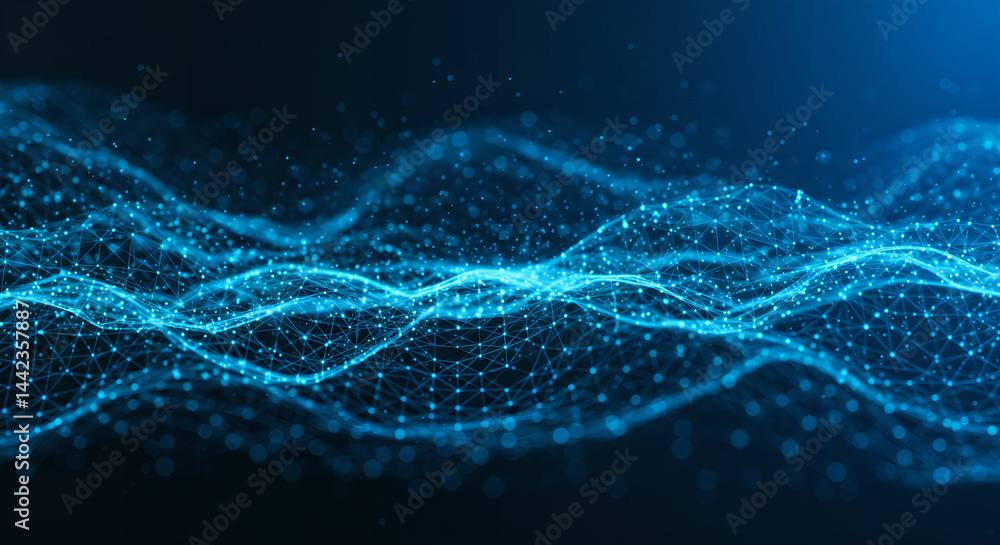 Poster abstract digital data wave with blue light particles. plexus effect and technology concept. future i