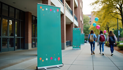 Vertical banner mockup. Vertical banner mockup with colorful balloons outside campus building on sunny day