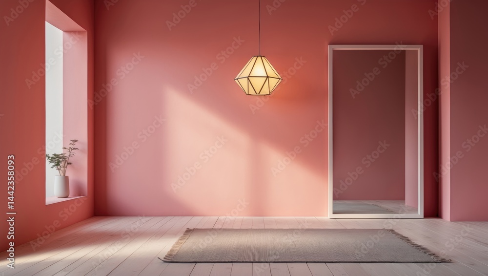 Aufkleber wall in light pink color with a modern lamp and an empty concept frame