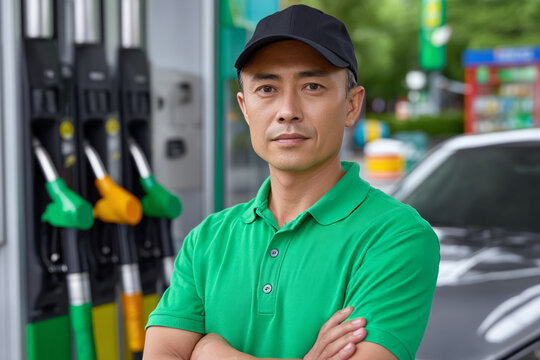 Asian service-oriented gas station worker in green shirt, ready to help drivers.