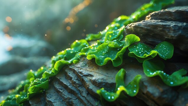 Intimate capture of ulva lactuca seaweed clinging to coastal rock formations