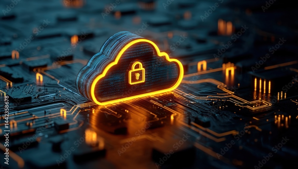 Poster a glowing cloud with a lock symbol sits on a digital circuit board, symbolizing cloud security and d