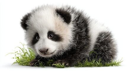 Naklejka premium a cute baby panda sitting on the grass on a white isolated background, adorable and playful look