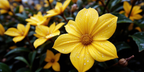 Fototapeta premium Spring Awakening Rain-Kissed Yellow Flowers a close-up of vibrant yellow flowers with glistening raindrops.