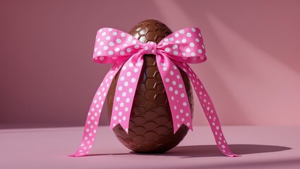 Large delightful chocolate egg featuring a pink polka dot bow on a beautiful feminine pink setting.