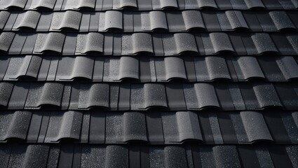 Close view of textured black roof tiles arranged in neat rows showcasing their design and color variation, perfect for residential buildings