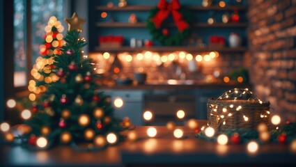 Modern holiday-decorated kitchen interior with a blurred view