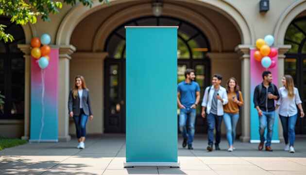 Vertical banner mockup. Blank standing banner at university entrance with students walking by and festive balloons decoration