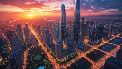 Fototapeta premium City skyline illuminated during sunset with vibrant colors over modern architecture and urban landscape