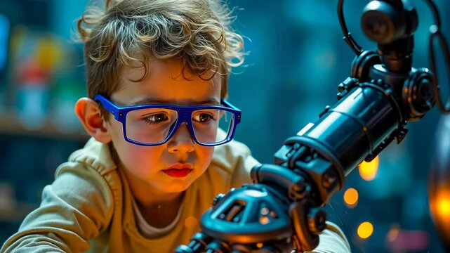 Master Children, robotic interaction, technology education. Youth innovation. Youngster explores electronic device mechanics. New gadget fascinates curious child. Robotics training enhances cognitive